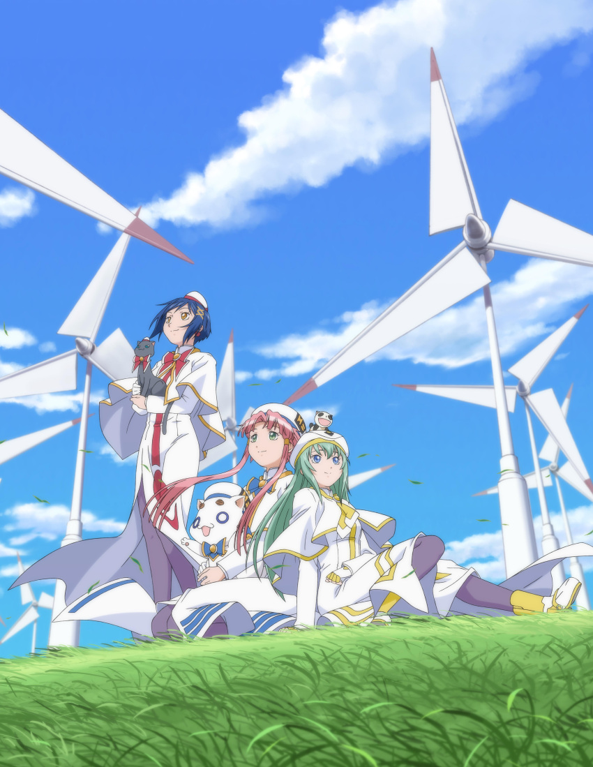3girls absurdres aria aria_company_uniform aria_pokoteng blue_eyes blue_hair blue_sky brown_eyes cat closed_mouth clouds cloudy_sky day dress full_body gold_trim grass green_eyes hair_between_eyes hair_tubes highres hime_granzchesta himeya_company_uniform long_hair looking_to_the_side multiple_girls official_art orange_planet_uniform outdoors pantyhose parted_bangs president_maa print_dress purple_pantyhose short_hair_with_long_locks sitting sky smile white_dress white_footwear wind_turbine