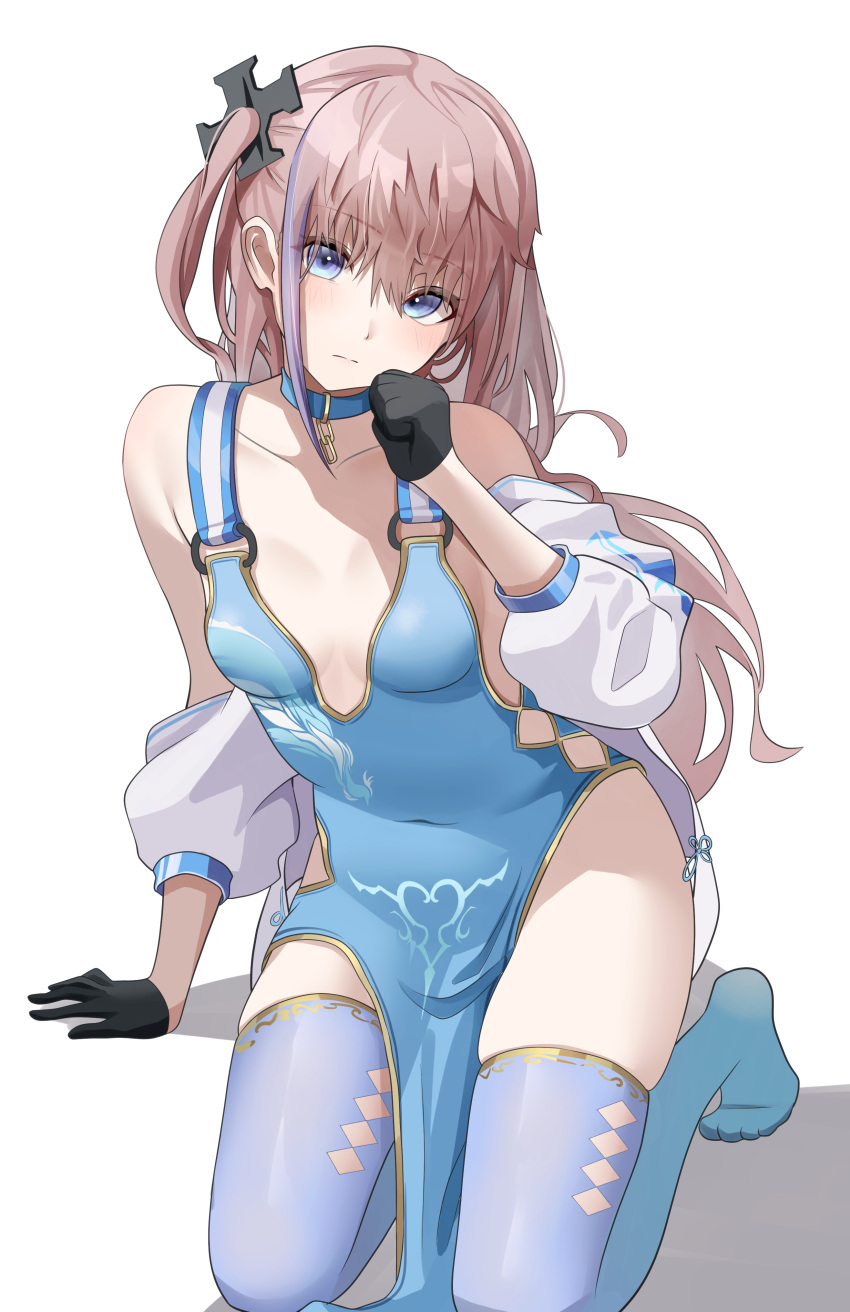 1girl absurdres alternate_costume bare_shoulders black_gloves blush breasts china_dress chinese_clothes choker collarbone cosplay dress full_body girls_frontline gloves highres long_hair looking_at_viewer multicolored_hair musson no_shoes pa-15_(alluring_larkspur)_(girls'_frontline) pa-15_(alluring_larkspur)_(girls'_frontline)_(cosplay) pa-15_(girls'_frontline) pa-15_(girls'_frontline)_(cosplay) skindentation small_breasts solo st_ar-15_(girls'_frontline) streaked_hair thigh-highs very_long_hair
