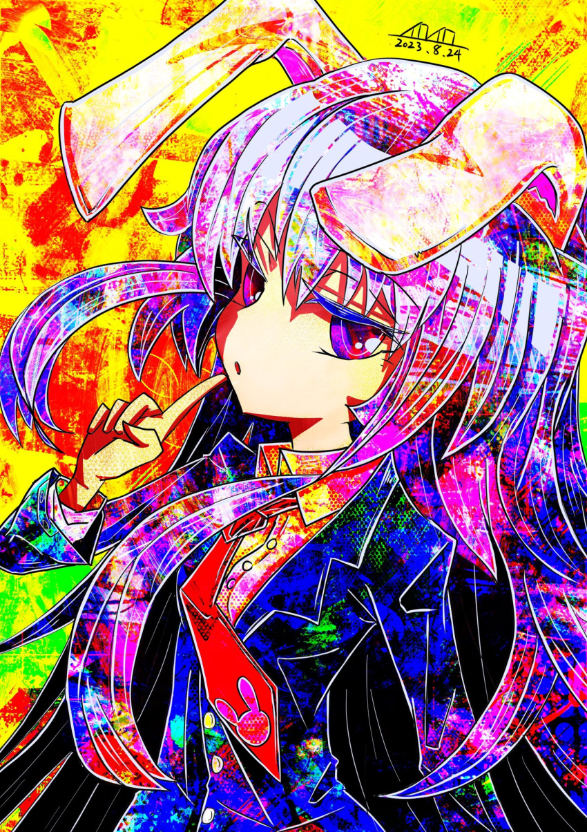 1girl animal_ears black_jacket blazer commentary dated highres index_finger_raised iroiroro1616 jacket long_hair long_sleeves looking_at_viewer multicolored_background necktie one-hour_drawing_challenge open_mouth purple_hair rabbit_ears rabbit_girl red_necktie reisen_udongein_inaba signature solo touhou upper_body violet_eyes