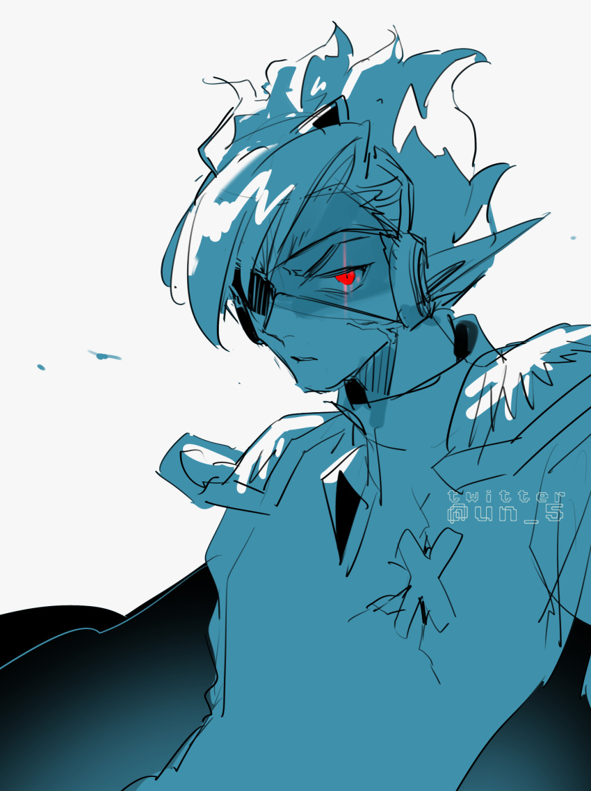 1boy anger_vein artist_name cape captain_spaceboy eyepatch glowing glowing_eye highres limited_palette looking_at_viewer male_focus omori parted_lips pointy_ears red_eyes simple_background sketch solo spot_color tendoshi twitter_username upper_body white_background