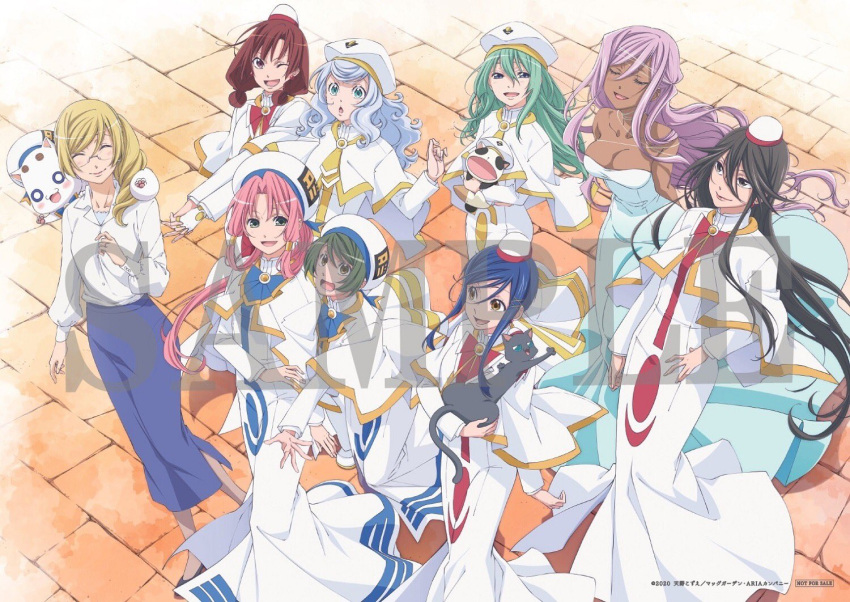 2020 6+girls ai_(aria) aika_granzchesta akira_ferrari alice_carroll alicia_florence animal anya_dostoyevskaya aqua_eyes aria aria_company_uniform aria_pokoteng athena_glory azusa_mclaren beret blonde_hair blue_bow blue_bowtie blue_dress bow bowtie breasts brown_eyes brown_hair capelet closed_eyes collarbone collared_shirt copyright copyright_name dress feet_out_of_frame full_body glasses gloves gold_trim green_hair hair_between_eyes hand_up hat hime_granzchesta himeya_company_uniform holding holding_animal holding_hands itou_youko large_breasts long_hair looking_at_another looking_at_viewer medium_breasts mizunashi_akari multiple_girls neckerchief official_art one_eye_closed open_mouth orange_planet_uniform outdoors pink_hair president_maa print_dress purple_hair red_bow red_bowtie redhead sample_watermark shirt short_hair short_hair_with_long_locks single_glove small_breasts smile standing white_capelet white_dress white_headwear yellow_neckerchief
