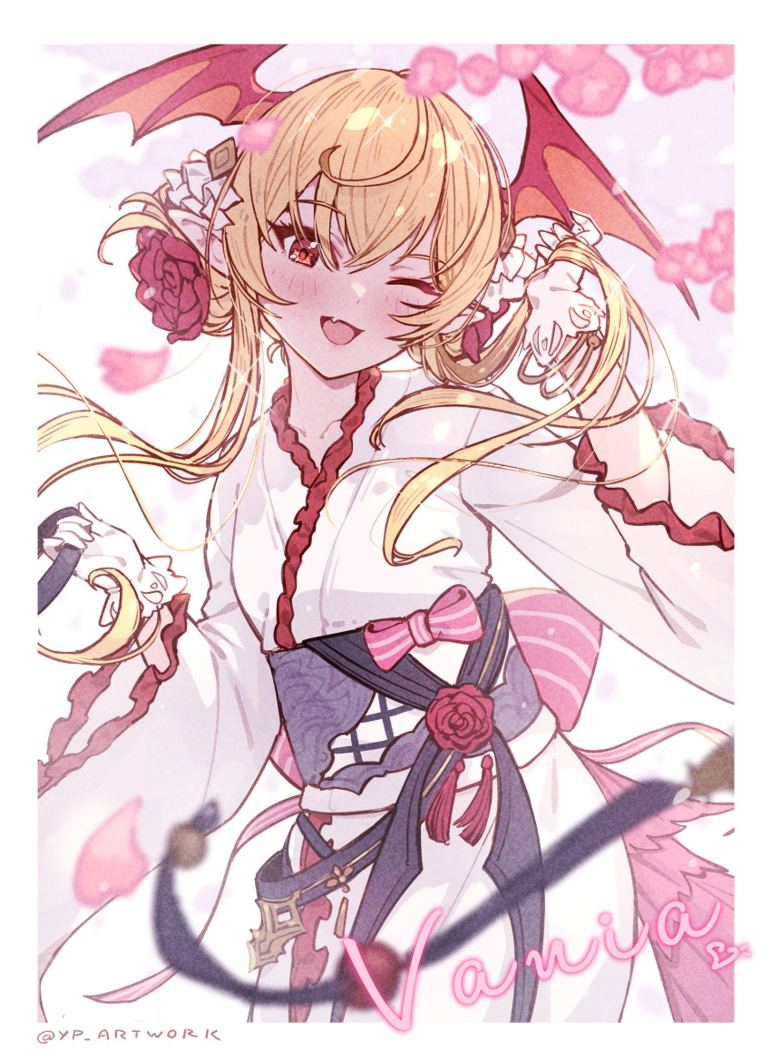 1girl bat_wings blonde_hair blush bow character_name commentary_request cowboy_shot fang flower frilled_kimono frills gloves granblue_fantasy hair_bun hair_flower hair_ornament hand_up head_wings highres holding holding_hair japanese_clothes kimono long_hair looking_at_viewer one_eye_closed open_mouth pink_bow pointy_ears red_eyes red_flower red_tassel red_trim red_wings skin_fang solo twitter_username vampire vampy white_gloves white_kimono wings yellowpaint. yukata