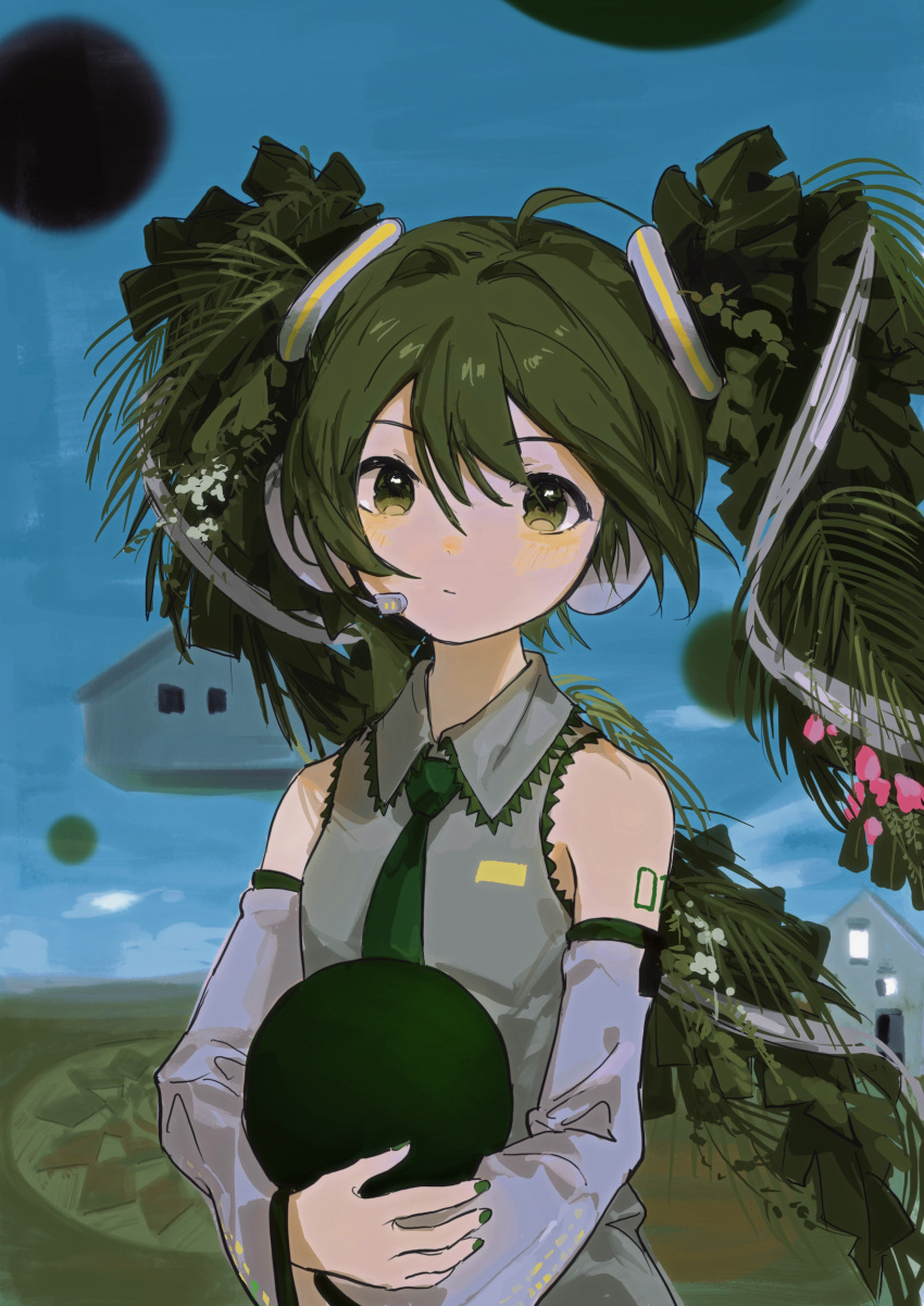 1girl absurdres balabling bare_shoulders blue_sky blush chinese_commentary collared_shirt commentary day detached_sleeves fern floating_hair frilled_shirt frills green_eyes green_hair green_nails green_necktie grey_shirt hair_between_eyes hair_ornament hatsune_miku headset highres long_hair long_sleeves looking_at_viewer microphone nail_polish necktie number_tattoo object_hug outdoors plant shirt sidelocks sky sleeveless sleeveless_shirt solo tattoo treesune_miku twintails upper_body very_long_hair vocaloid white_sleeves