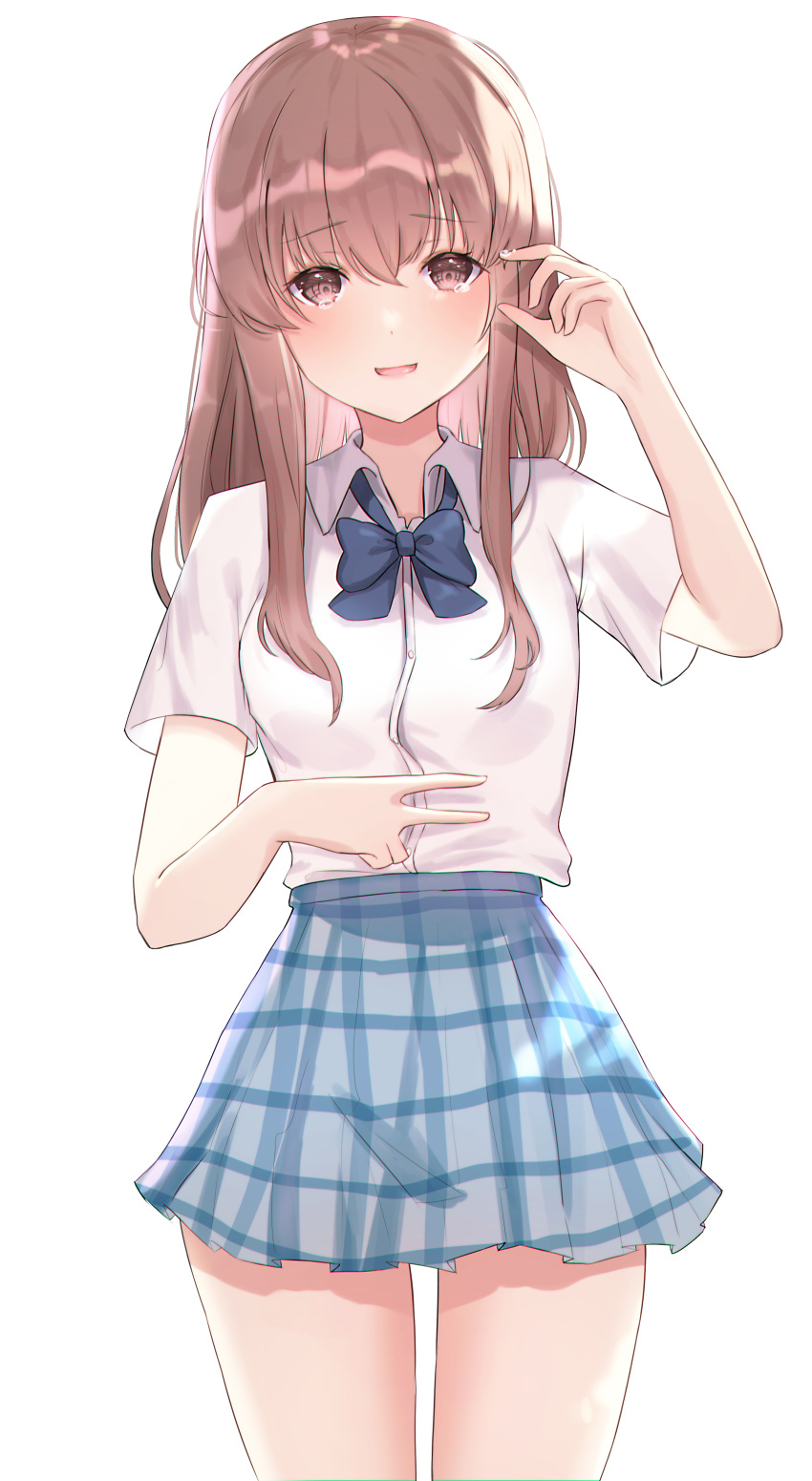 1girl :d absurdres blue_bow blue_bowtie blue_skirt bow bowtie brown_eyes brown_hair collared_shirt cowboy_shot crying crying_with_eyes_open highres koe_no_katachi long_hair looking_at_viewer nishimiya_shouko open_mouth plaid plaid_skirt school_uniform shirt short_sleeves simple_background skirt smile solo tears unha white_background white_shirt