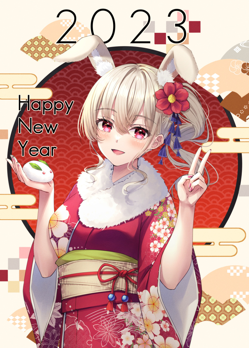 1girl 2023 animal_ears blonde_hair blush breasts egasumi flower hair_flower hair_ornament happy_new_year highres japanese_clothes kimono large_breasts looking_at_viewer nail_polish nengajou new_year open_mouth original primamiya rabbit_ears rabbit_girl red_eyes red_kimono red_nails short_sleeves smile solo v