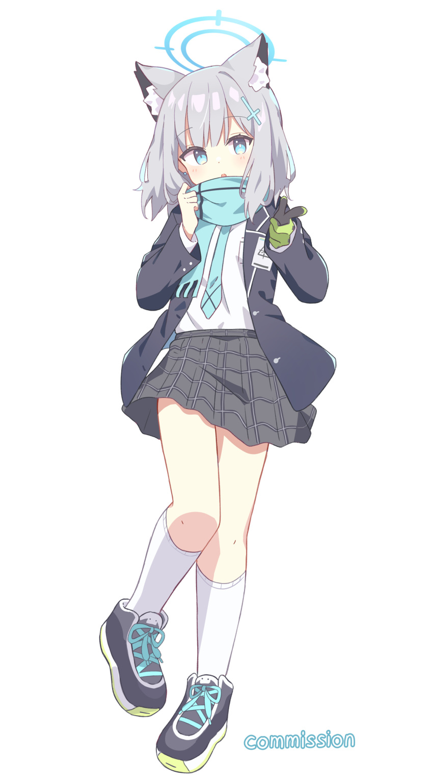 1girl absurdres animal_ear_fluff animal_ears aqua_necktie aqua_scarf black_footwear black_jacket black_skirt blue_archive blue_eyes blue_halo blush bright_pupils cross_hair_ornament english_text full_body gloves green_gloves grey_hair hair_ornament halo highres id_card jacket kneehighs long_sleeves necktie open_clothes open_jacket open_mouth plaid plaid_skirt pleated_skirt ryoku_sui scarf shiroko_(blue_archive) shirt shirt_tucked_in simple_background skirt socks solo standing two-tone_gloves white_background white_pupils white_shirt white_socks wolf_ears