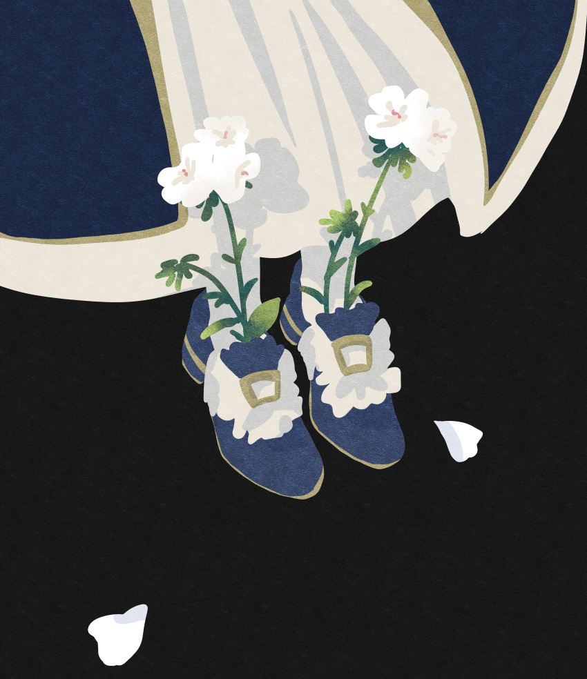 1boy absurdres black_background blue_footwear cloak fate/grand_order fate_(series) feet flower flower_request foot_focus head_out_of_frame highres male_focus oberon_(fate) petals simple_background socks solo tn_kn1000 white_flower white_petals white_socks