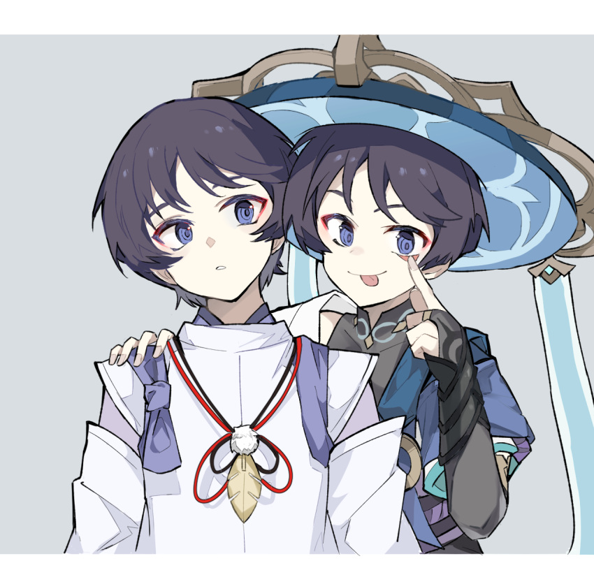 2boys :p akanbe black_hair bridal_gauntlets feather_necklace genshin_impact grey_background hand_on_another's_shoulder hat highres japanese_clothes jewelry long_wind looking_at_viewer male_focus multiple_boys necklace scaramouche_(genshin_impact) short_hair simple_background time_paradox tongue tongue_out upper_body violet_eyes wanderer_(genshin_impact)