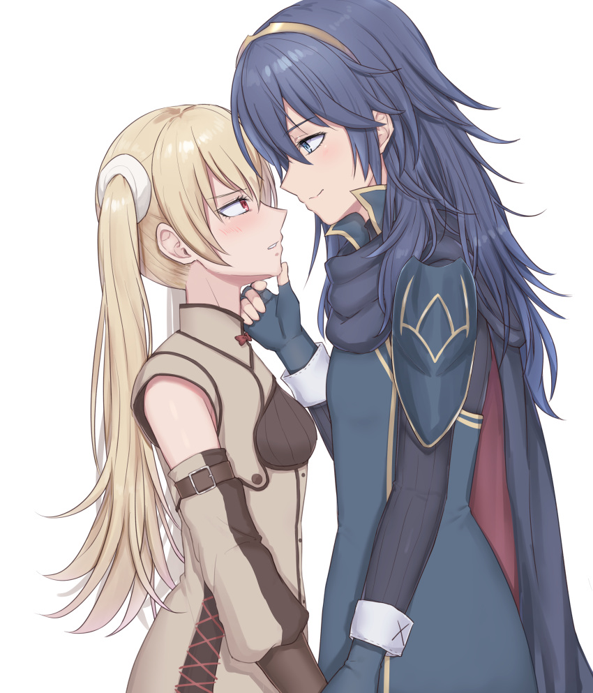 2girls absurdres armor blonde_hair blue_eyes blue_gloves blue_hair blush brown_gloves cape commentary detached_sleeves fingerless_gloves fire_emblem fire_emblem_awakening gloves hand_on_another's_chin haniwa_(8241427) height_difference highres long_hair looking_at_another lucina_(fire_emblem) multiple_girls official_alternate_hair_color red_eyes severa_(fire_emblem) shoulder_armor tiara twintails white_background yuri