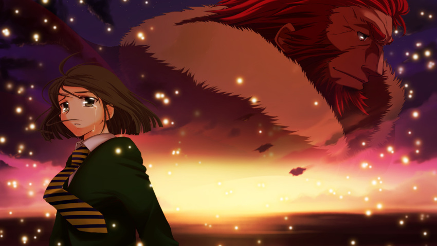 2boys beard cropped_torso crying crying_with_eyes_open disappear facial_hair fate/zero fate_(series) fur_trim ganson iskandar_(fate) light_particles looking_to_the_side male_focus multiple_boys necktie night night_sky official_style redhead sad sky smile sunrise tears thick_eyebrows turning_head upper_body waver_velvet wind
