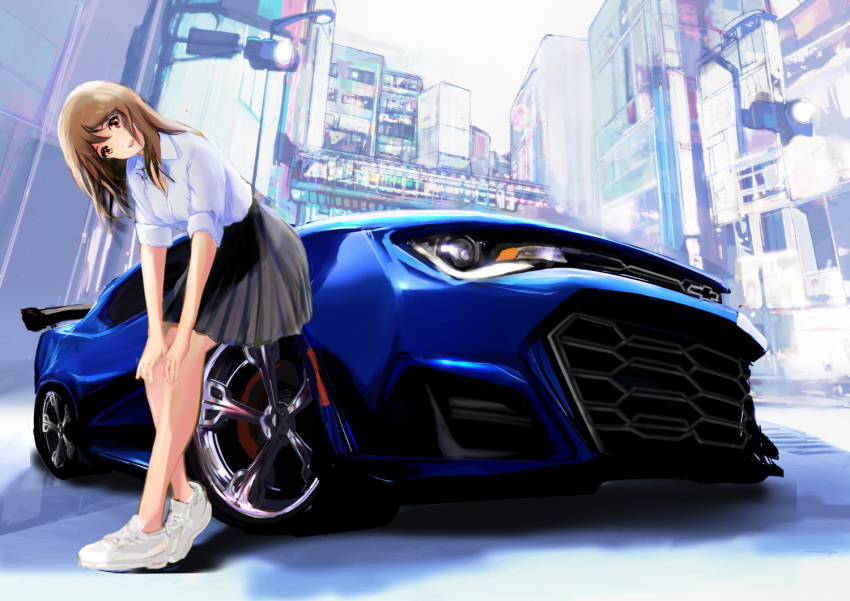 1girl amatsunatsu_hachiko brown_eyes brown_hair car chevrolet chevrolet_camaro city cityscape day from_below hands_on_own_knees head_tilt leaning_on_object long_hair looking_at_viewer motor_vehicle muscle_car original outdoors scenery school_uniform shadow sleeves_rolled_up smile solo sports_car uniform vehicle_focus white_footwear