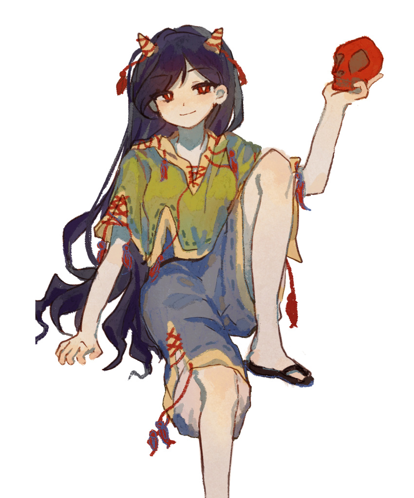 1girl black_hair black_shorts closed_mouth foot_out_of_frame green_shirt highres holding holding_skull horns long_hair nippaku_zanmu oni_horns red_eyes sandals shirt short_sleeves shorts simple_background skull smile solo touhou white_background youshouhaoxianzhe