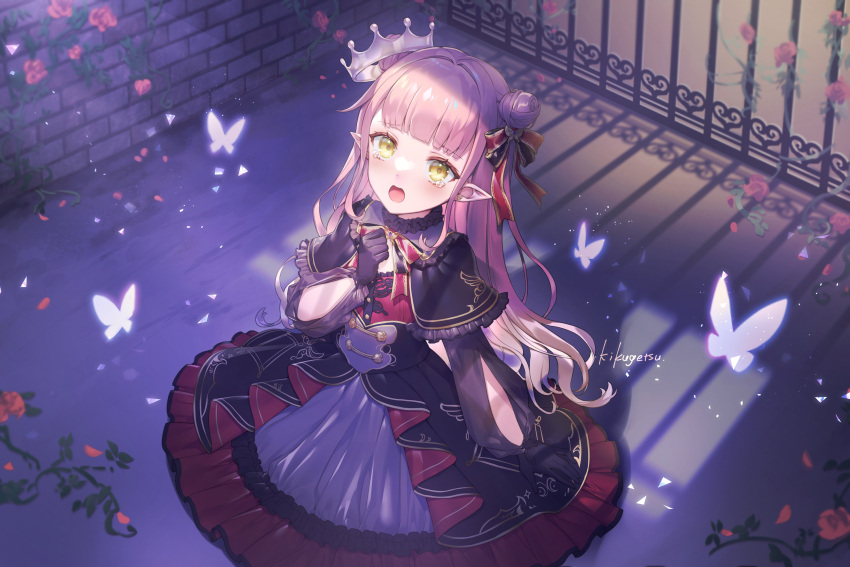 1girl artist_name black_dress blunt_bangs bow bowtie bug butterfly crown dot_nose double_bun dress frilled_dress frills gradient_hair hair_bow hair_bun hand_on_own_chest highres iriam kikugetsu long_hair long_sleeves looking_at_viewer multicolored_hair open_mouth pink_hair pointy_ears solo tears tefumu_chia virtual_youtuber yellow_eyes