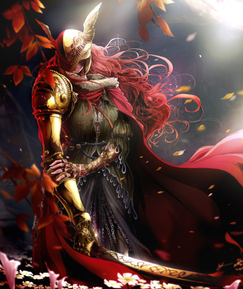 1girl absurdres billowing_cape brown_dress cape covered_eyes dress ediptus elden_ring falling_leaves flower fur_collar gold_armor golden_sword hair_flowing_over hand_on_own_elbow helmet helmet_over_eyes highres holding holding_sword holding_weapon katana leaf lily_(flower) long_hair malenia_blade_of_miquella metal_belt multiple_scars prosthesis prosthetic_arm red_cape redhead scar scar_on_arm scar_on_hand sword valkyrie weapon winged_helmet