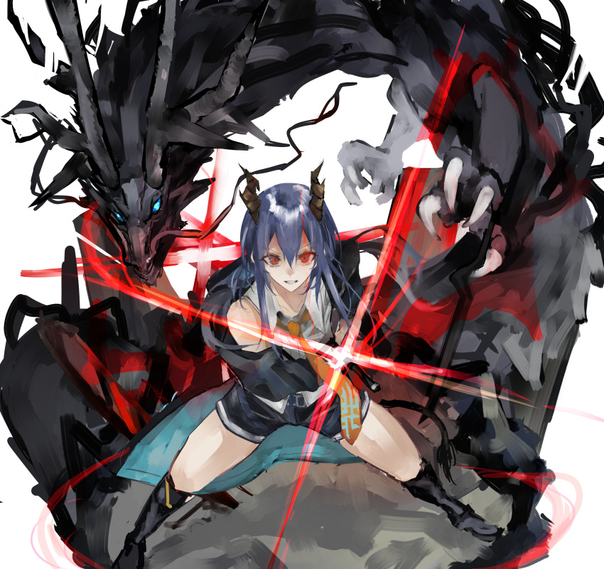 1girl absurdres arknights blue_hair boots cape ch'en_(arknights) chi_xiao_(arknights) collarbone commentary denim denim_shorts dragon dragon_girl dragon_horns drawing_sword eastern_dragon emiya_negi hair_between_eyes highres holding holding_sword holding_weapon horns jacket jacket_partially_removed knee_boots necktie pants reflection shirt shorts sidelocks sleeveless sleeveless_shirt sword weapon yellow_necktie