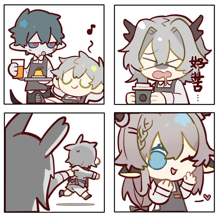 2boys 3girls alina_(arknights) animal_ears apron arknights blue_eyes blue_hair braid chibi closed_eyes closed_mouth cup deer_ears faust_(arknights) food frostnova_(arknights) grey_apron hand_up heart highres holding holding_cup juice long_hair long_sleeves low-tied_long_hair mephisto_(arknights) multiple_boys multiple_girls one_eye_closed open_mouth pale_skin pointy_ears pudding rabbit_ears shirt sidelocks simple_background smile south_ac talulah_(arknights) white_background white_shirt xo