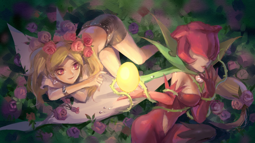 2girls ass black_shorts breasts digimon digimon_adventure_v-tamer_01 elbow_gloves flower gloves glowing goutojuki_mari highres large_breasts lipstick looking_at_another makeup mooopl multiple_girls petals pink_flower pink_rose red_eyes red_gloves rose rose_petals rosemon short_shorts shorts thorns