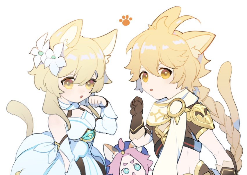 1boy 2girls aether_(genshin_impact) ahoge animal_ear_fluff animal_ears animal_hands arm_armor armor bare_shoulders beret blonde_hair blue_eyes braid breasts brother_and_sister brown_gloves brown_shirt cat_ears cat_tail detached_sleeves diona_(genshin_impact) dress fang flower genshin_impact gloves hair_between_eyes hair_flower hair_ornament hand_up hat kemonomimi_mode long_hair long_sleeves looking_at_viewer looking_up lumine_(genshin_impact) medium_breasts multiple_girls null_no open_mouth pink_hair purple_headwear scarf shirt short_hair short_hair_with_long_locks short_sleeves shoulder_armor siblings sidelocks simple_background smile standing tail topknot v-shaped_eyebrows white_background white_dress white_flower white_scarf yellow_eyes