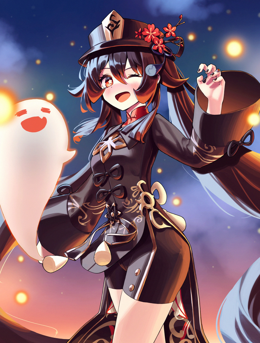 1girl absurdres black_nails black_shorts blush boo_tao_(genshin_impact) bright_pupils brown_hair chinese_clothes flower flower-shaped_pupils genshin_impact ghost hat hat_flower hat_ornament hat_tassel highres hu_tao_(genshin_impact) jewelry long_hair long_sleeves looking_at_viewer movcat one_eye_closed open_mouth plum_blossoms porkpie_hat red_eyes red_shirt ring shirt shorts symbol-shaped_pupils thighs twintails white_pupils