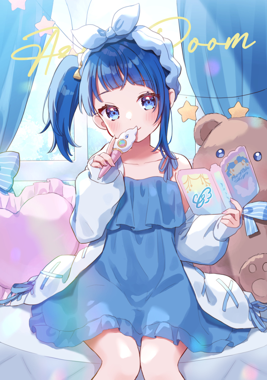 1girl blue_dress blue_eyes blue_hair blush bow cardigan closed_mouth collarbone dress hair_bow highres hirogaru_sky!_precure holding long_hair long_sleeves looking_at_viewer open_cardigan open_clothes precure shuu_(mniarnoakou) side_ponytail sitting sleepwear sleeveless sleeveless_dress sleeves_past_wrists smile solo sora_harewataru stuffed_animal stuffed_toy teddy_bear white_cardigan yellow_bow
