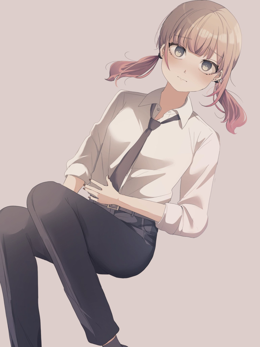 1girl belt belt_buckle black_belt black_necktie black_pants blush breasts brown_background brown_eyes brown_hair buckle closed_mouth collared_shirt commentary_request ear_piercing earrings feet_out_of_frame highres jewelry long_hair long_sleeves looking_at_viewer low_twintails necktie original pants piercing shirt simple_background small_breasts solo stud_earrings tsuruse twintails white_shirt