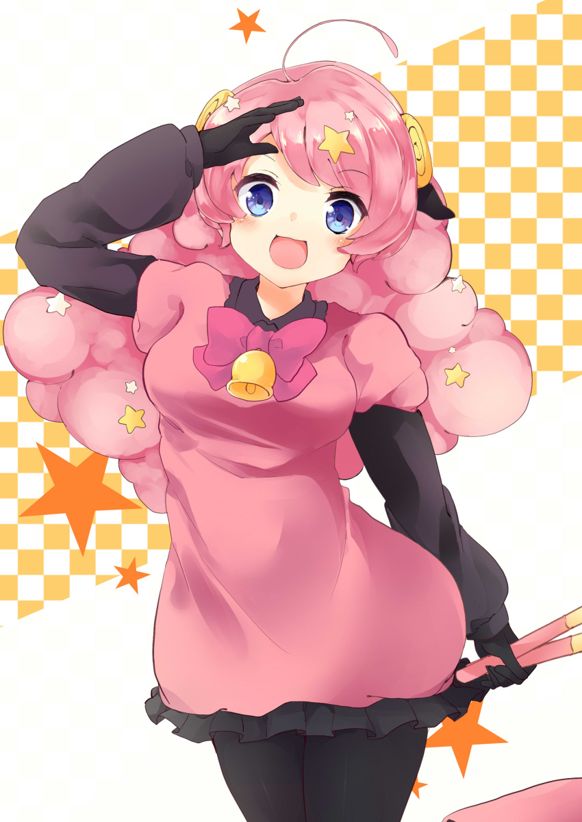 1girl :d absurdres ahoge animal_ears arm_up bell black_gloves black_shirt blue_eyes blush bow bowtie breasts checkered_background collared_shirt commentary_request cowboy_shot curly_hair dress drumsticks frilled_dress frills gloves hair_ornament hand_up highres holding holding_drumsticks horns layered_sleeves long_hair long_sleeves looking_at_viewer medium_breasts moa_(show_by_rock!!) open_mouth pantyhose pink_bow pink_bowtie pink_hair puffy_short_sleeves puffy_sleeves ralfi_(syakeakabeko) salute sheep_ears sheep_girl sheep_horns shirt short_over_long_sleeves short_sleeves show_by_rock!! simple_background smile solo star_(symbol) star_hair_ornament two-tone_background