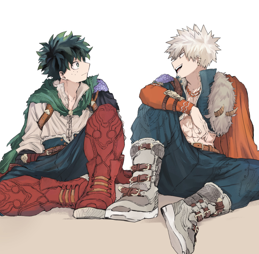 2boys 2nd_popularity_poll_(boku_no_hero_academia) absurdres alternate_hair_color arm_on_knee arm_rest bakugou_katsuki belt belt_boots belt_buckle blue_jacket blue_pants boku_no_hero_academia boots bright_pupils brown_belt buckle cape check_clothing closed_mouth clothing_request cropped_jacket ear_piercing earrings eye_contact freckles full_body fur-trimmed_jacket fur-trimmed_pants fur_(clothing) fur_shawl fur_trim gloves green_cape green_eyes green_hair grey_footwear grey_hair grey_shirt hand_on_floor hand_on_ground hand_up hands_on_floor hands_on_ground high-waist_pants highres jacket jewelry knee_boots knee_up looking_at_another midoriya_izuku multiple_boys multiple_necklaces multiple_piercings necklace no_shirt official_alternate_costume on_floor on_ground open_collar open_mouth orange_cape orange_sleeves pac-man_eyes pants piercing profile red_eyes red_footwear red_gloves scar scar_on_chest shawl shirt short_hair side-by-side single_shoulder_pad sitting smile spiky_hair tanuki_happa torn_cape torn_clothes turning_head white_background white_pupils yellow_brooch