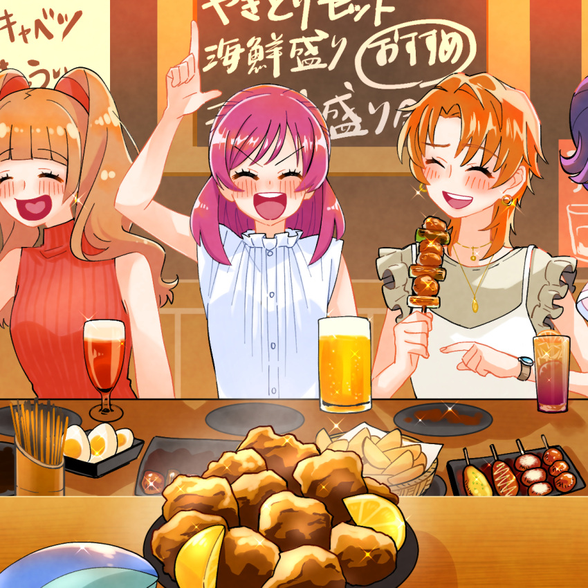 4girls :d aisaki_emiru alcohol beer beer_mug brown_hair brown_shirt camisole closed_eyes collar commentary cup drinking_glass earrings egg_(food) food frilled_collar frilled_sleeves frills holding holding_food hugtto!_precure index_finger_raised indoors izakaya jewelry kebab kibou_no_chikara_~otona_precure_'23~ layered_clothes long_hair medium_hair mishou_mai monster_rally mug multiple_girls natsuki_rin necklace open_mouth orange_hair orange_shirt out_of_frame plate pointing ponytail potato precure purple_hair redhead ribbed_shirt shirt short_hair sleeveless sleeveless_shirt smile sparkle turtleneck two_side_up v-shaped_eyes watch watch white_camisole white_shirt yumehara_nozomi