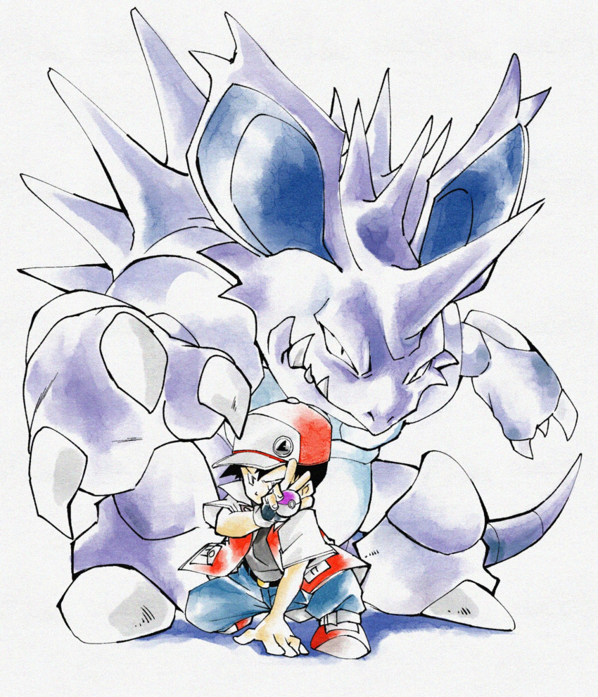1boy black_hair blue_pants fenyon hand_on_ground highres holding holding_poke_ball horns monster nidoking pants poke_ball pokemon pokemon_(creature) red_(pokemon) red_footwear red_headwear single_horn teeth white_background
