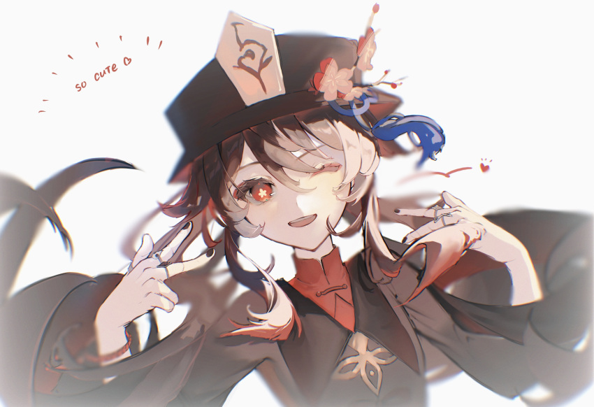 1girl bead_bracelet beads black_headwear black_nails bracelet bright_pupils brown_coat brown_hair coat double_w english_text flower flower-shaped_pupils genshin_impact hat hat_flower hat_tassel highres hu_tao_(genshin_impact) jewelry long_hair long_sleeves looking_at_viewer mandarin_collar multiple_rings one_eye_closed orange_eyes parted_lips ring simple_background smile solo symbol-shaped_pupils teeth twintails upper_body upper_teeth_only w white_background white_pupils yukumo_o
