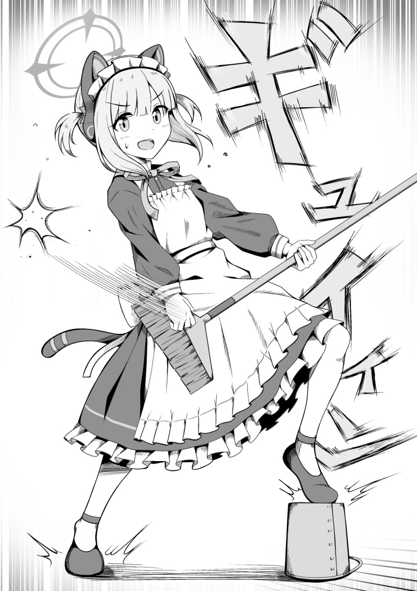 1girl :d air_guitar animal_ears apron blue_archive bow bowtie bucket cat_ear_panties commentary_request fake_animal_ears frilled_apron frills full_body greyscale hair_bow hair_ribbon halo highres holding holding_mop karikura_(atatata71) long_sleeves looking_at_viewer maid maid_headdress momoi_(blue_archive) momoi_(maid)_(blue_archive) monochrome mop official_alternate_costume official_alternate_hairstyle panties ribbon short_hair sidelocks simple_background smile solo standing translation_request twintails underwear