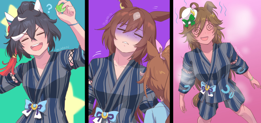 4girls @_@ absurdres animal_ears artist_name black_hair blue_bow blush bow bracelet brown_hair closed_eyes commentary_request ear_covers ear_ornament ears_down full-face_blush hair_between_eyes hair_ornament highres horse_ears horse_girl horseshoe_ornament jewelry jinbei_(clothes) katsuragi_ace_(umamusume) long_hair medium_hair mr._c.b._(umamusume) mukakin multicolored_hair multiple_girls open_mouth parted_lips pink_background pink_bow ponytail purple_background sirius_symboli_(umamusume) streaked_hair tokai_teio_(umamusume) umamusume white_hair
