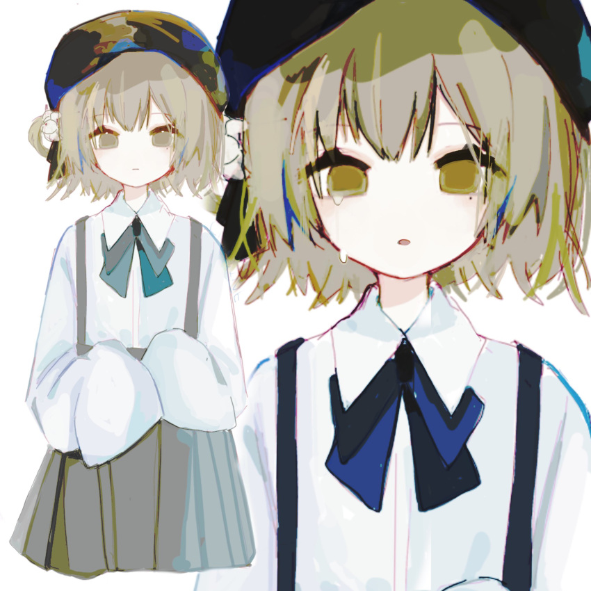 1girl :| beret black_headwear black_ribbon black_skirt blue_bow blue_bowtie bow bowtie brown_eyes brown_hair chooine closed_mouth collared_shirt cropped_legs crying crying_with_eyes_open flower hair_flower hair_ornament hair_ribbon hat hatoba_tsugu highres looking_at_viewer mole mole_under_eye no_pupils open_mouth pleated_skirt ribbon shirt shirt_tucked_in short_hair single_hair_ring skirt sleeves_past_fingers sleeves_past_wrists suspender_skirt suspenders tears tsugu_(vtuber) virtual_youtuber white_flower white_shirt zoom_layer