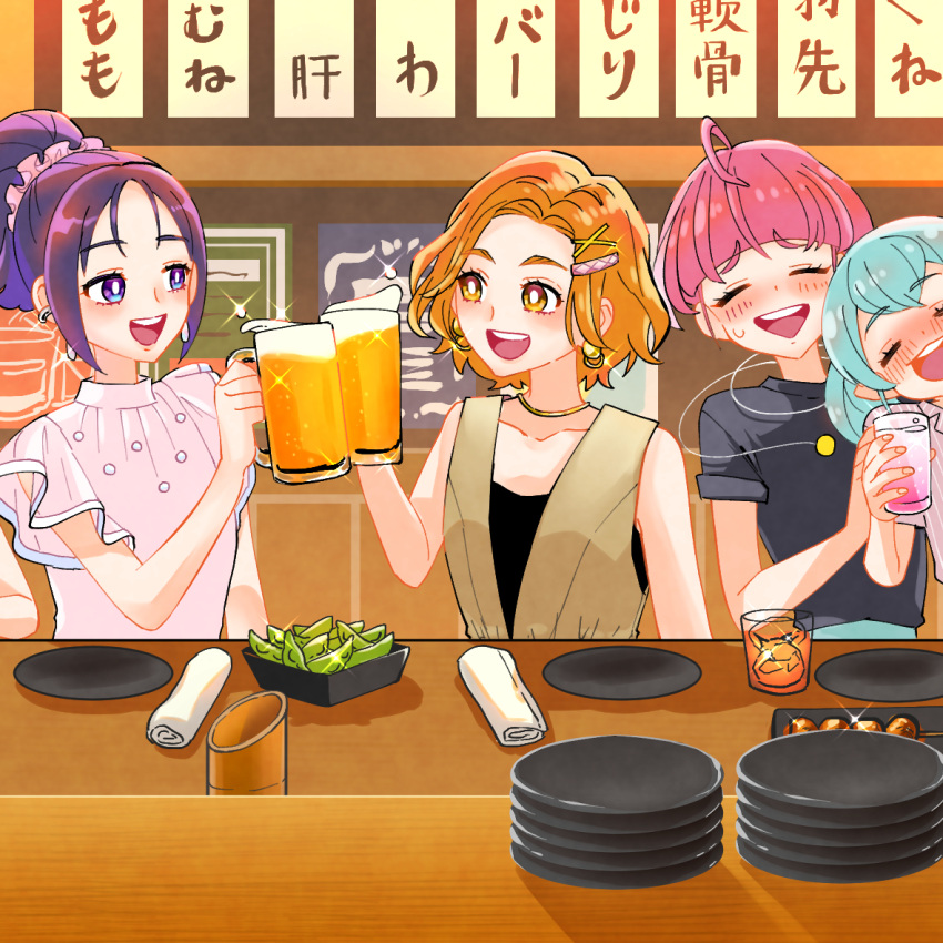 ahoge alcohol beer_mug blush bright_pupils brown_shirt closed_eyes commentary cup drinking_glass drunk earrings frilled_sleeves frills green_hair hagoromo_lala hair_ornament hairclip holding holding_cup hoshina_hikaru hyuuga_saki indoors izakaya jewelry kibou_no_chikara_~otona_precure_'23~ leaning_on_person looking_at_another mishou_mai monster_rally mug natsuki_rin necklace open_mouth orange_eyes orange_hair out_of_frame plate precure purple_hair shirt short_hair shot_glass smile sparkle star_twinkle_precure sweatdrop violet_eyes white_pupils white_shirt x_hair_ornament