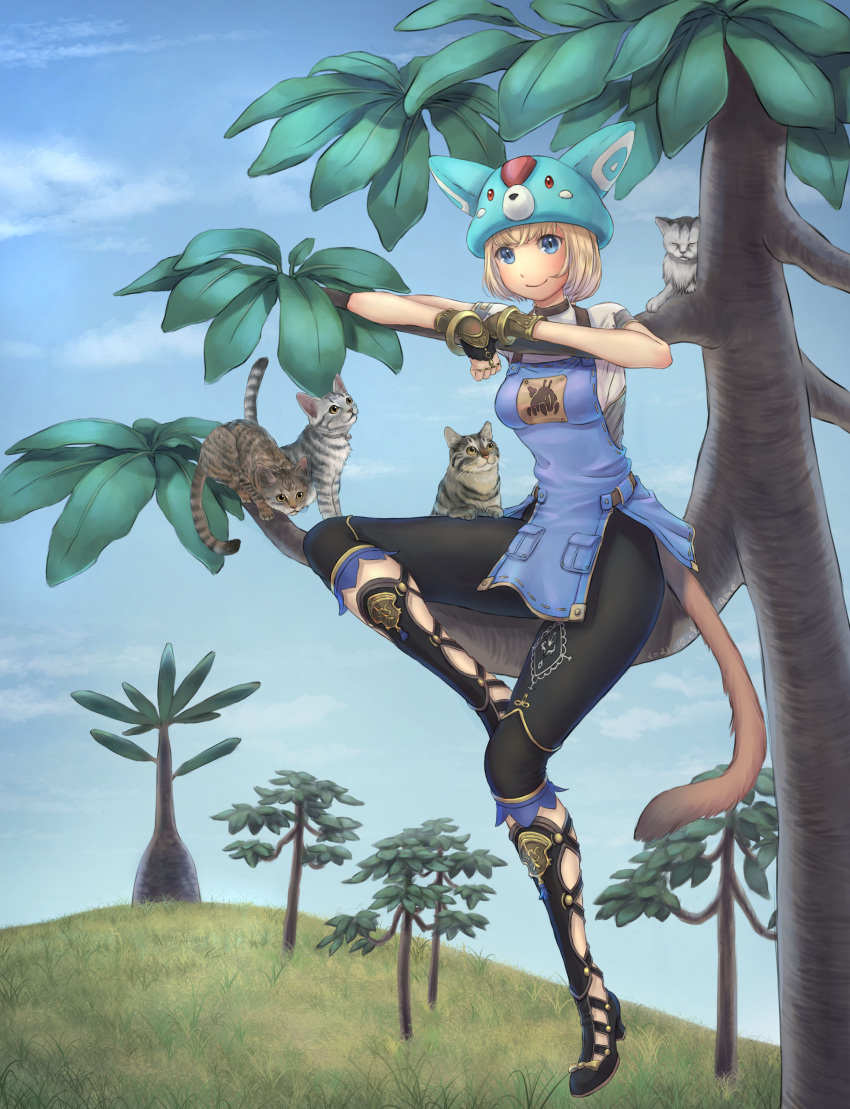 1girl absurdres animal animal_ears apron avatar_(ff11) black_footwear black_pants blonde_hair blue_apron blue_eyes blue_headwear blue_sky bracelet breasts brown_tail cactus41747280 capri_pants cat cat_ears cat_girl cat_tail closed_mouth crossed_bangs day final_fantasy final_fantasy_xi full_body hat highres in_tree jewelry looking_at_viewer medium_breasts mithra_(ff11) outdoors pants short_hair sitting sitting_in_tree sky smile solo tail tree