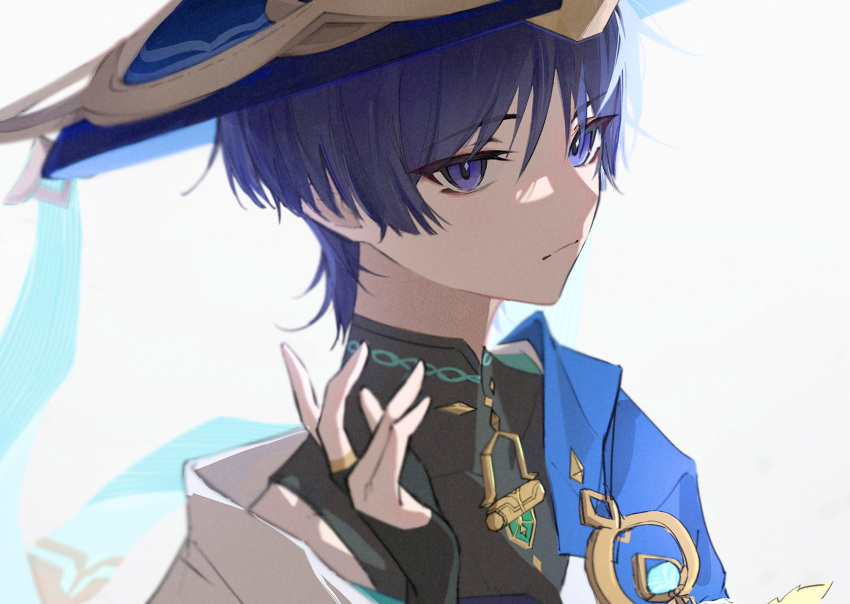 1boy black_gloves black_shirt blue_cape blue_gemstone blue_headwear blunt_ends cape closed_mouth covered_collarbone eyeshadow fingerless_gloves gem genshin_impact gloves gnsn_kka gold_trim hair_between_eyes hand_up hat highres jewelry jingasa leaf looking_at_viewer makeup male_focus mandarin_collar open_clothes open_vest pom_pom_(clothes) purple_hair red_eyeshadow ring scaramouche_(genshin_impact) shirt short_hair short_sleeves simple_background sleeveless sleeveless_shirt solo upper_body vest violet_eyes vision_(genshin_impact) wanderer_(genshin_impact) white_background white_vest