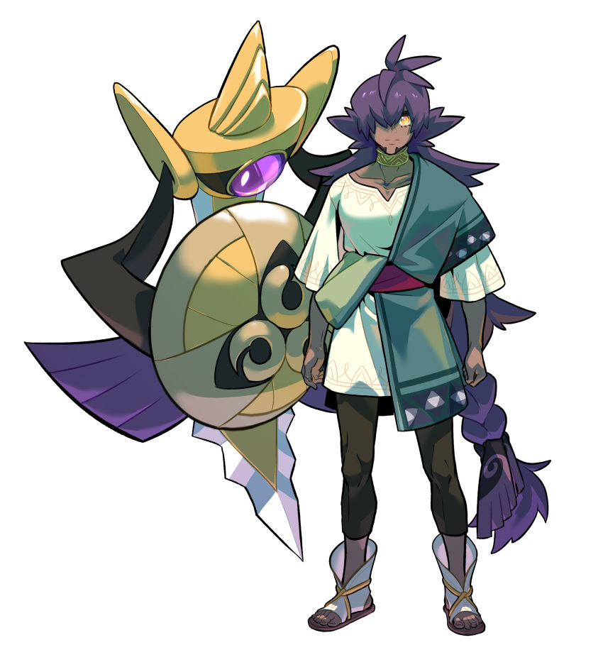 1boy absurdres aegislash arms_at_sides closed_mouth collar collarbone commentary_request dark-skinned_male dark_skin hair_over_one_eye highres jewelry knees korean_commentary leggings leon_(pokemon) long_hair looking_at_viewer male_focus pokemon pokemon_(creature) pokemon_(game) pokemon_swsh purple_hair redlhzz shoes simple_background smile split_mouth standing toeless_footwear white_background yellow_eyes
