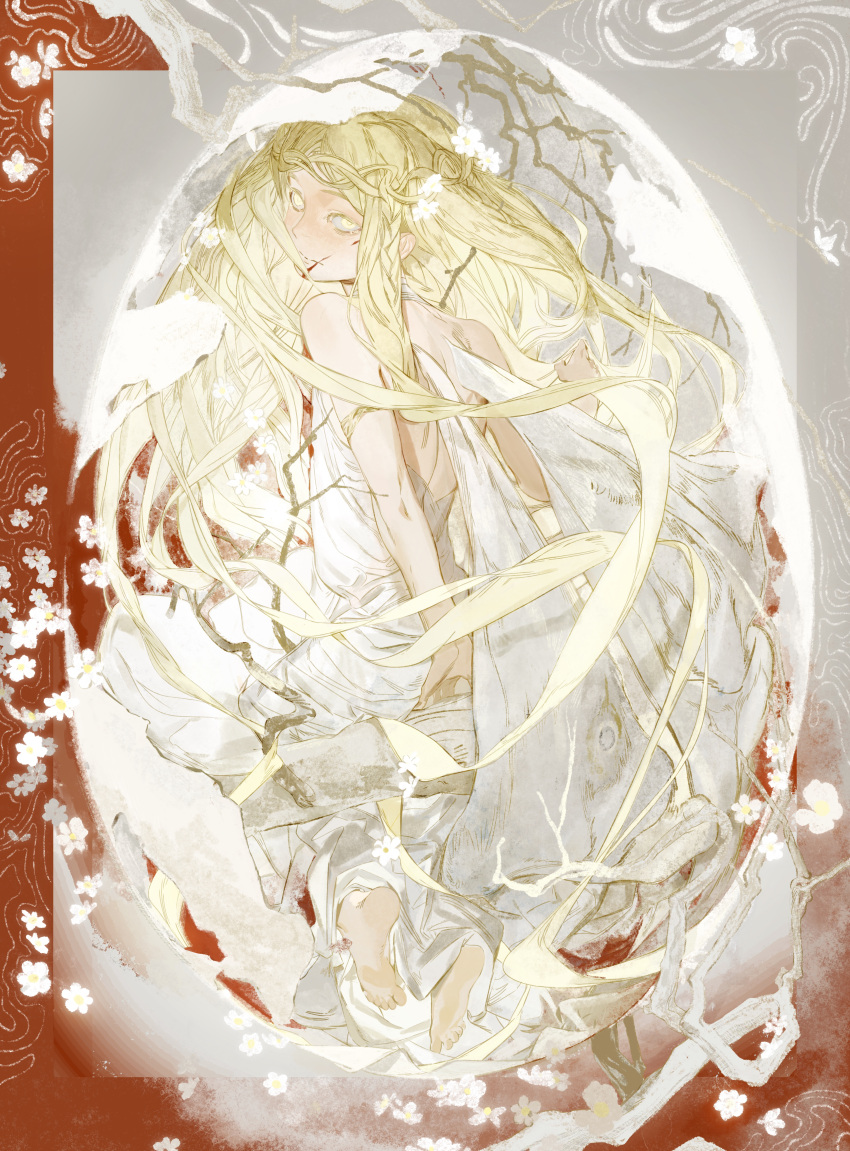 1boy absurdres backless_dress backless_outfit blonde_hair braid cocoon dress elden_ring enduri floating floating_hair flower from_behind highres long_hair looking_at_viewer miquella_(elden_ring) multiple_braids robe very_long_hair white_flower white_robe wings yellow_eyes