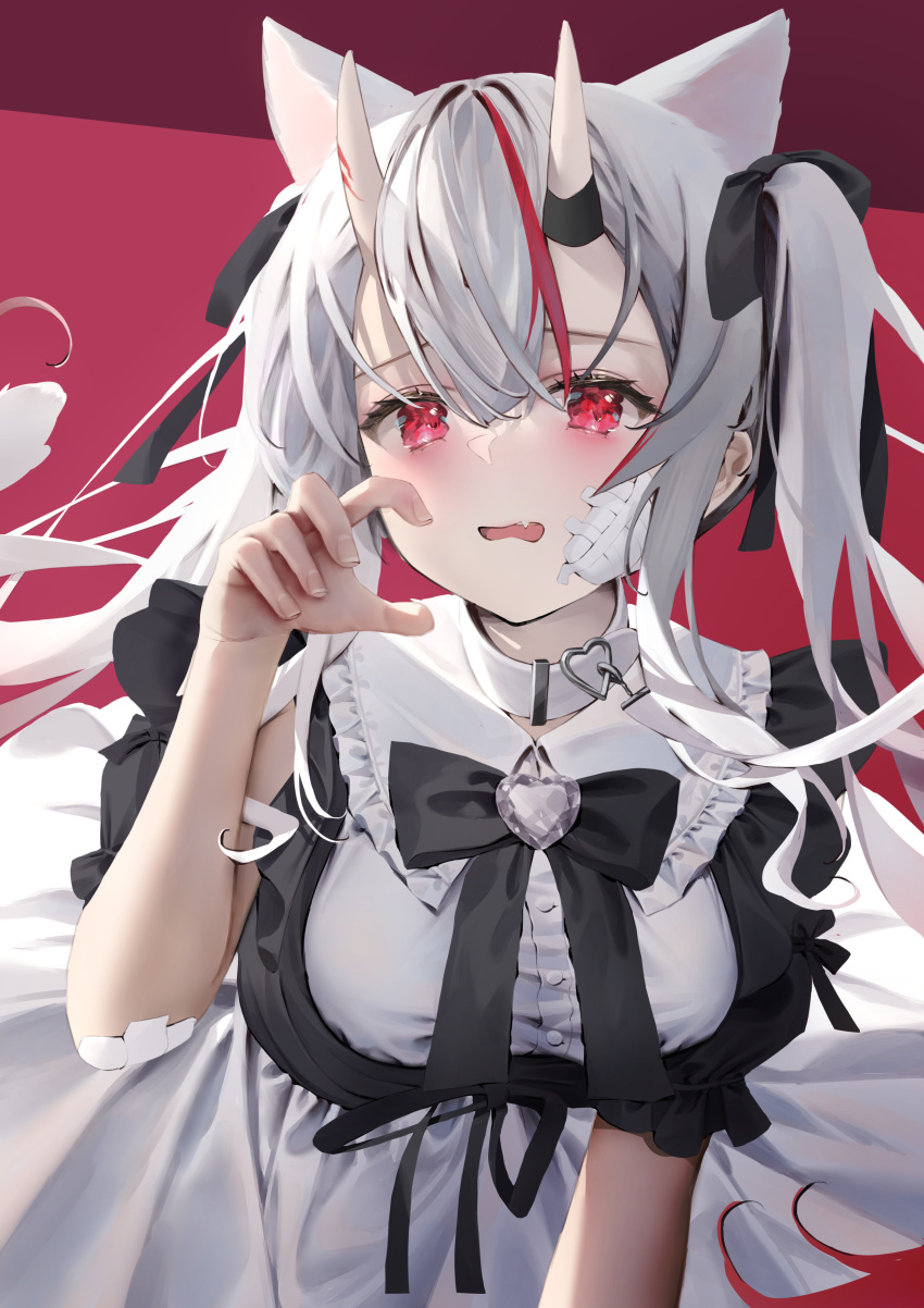 1girl absurdres animal_ears apron black_bow bow brooch cat_ears collar daitai_sotogawa_(futomomo) fang grey_hair hair_bow heart heart_brooch highres hololive horns jewelry long_hair looking_at_viewer maid maid_apron multicolored_hair nakiri_ayame oni oni_horns red_eyes redhead skin_fang solo streaked_hair two_side_up virtual_youtuber white_collar