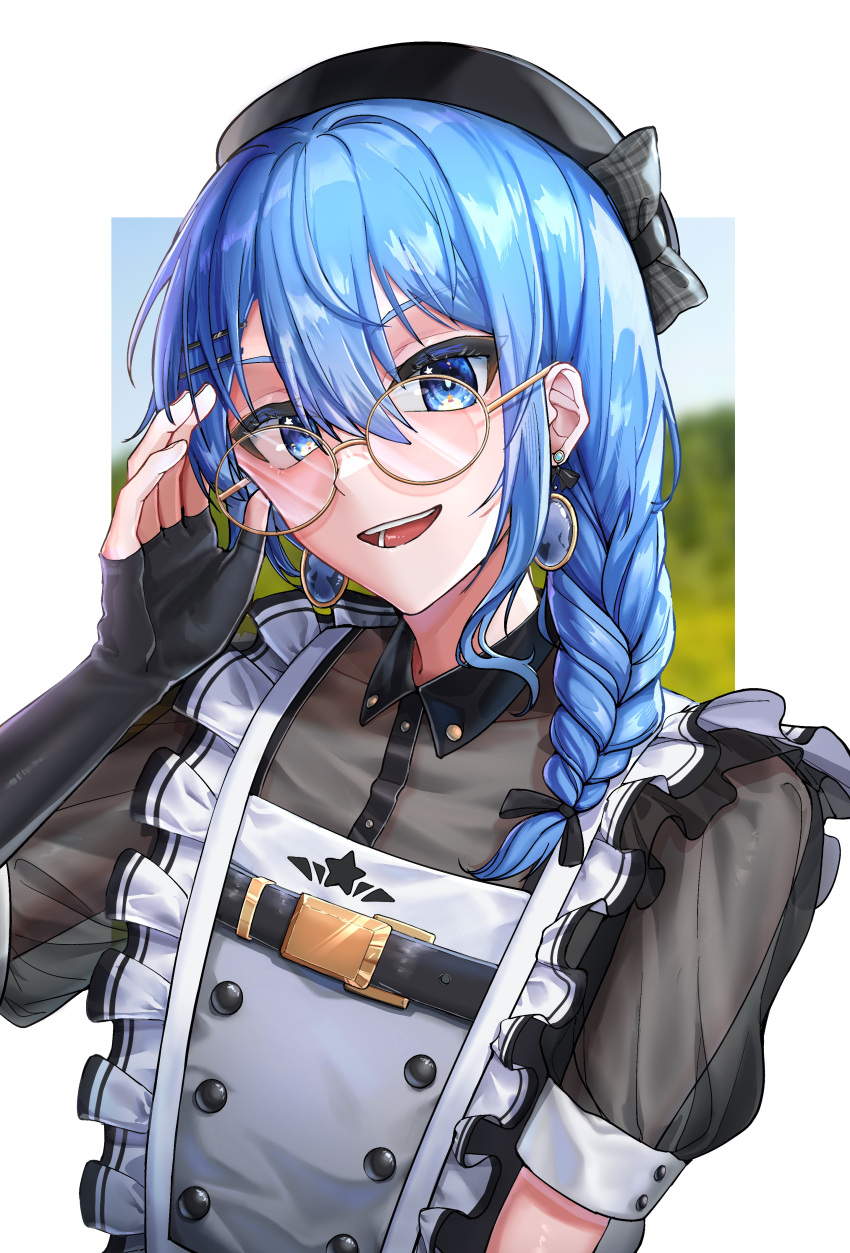 1girl absurdres black_gloves black_headwear blue_eyes blue_hair border bow braid collared_shirt commentary earrings fingerless_gloves flat_chest frills glasses gloves hair_ornament hair_over_shoulder hairclip hand_up hat hat_bow highres hololive hoshimachi_suisei hoshimachi_suisei_(6th_costume) jewelry long_hair looking_at_viewer maid open_mouth outside_border see-through see-through_shirt shirt short_sleeves smile solo star_(symbol) star_in_eye symbol-only_commentary symbol_in_eye teeth upper_body virtual_youtuber white_border yaki_cheese