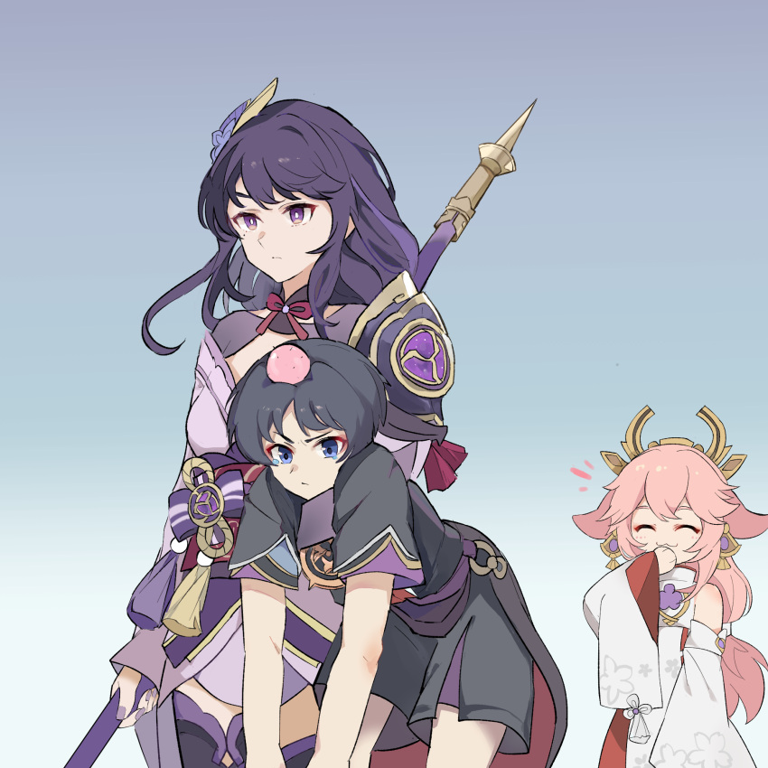 1boy 2girls :3 ^_^ black_hair bright_pupils carrying closed_eyes detached_sleeves genshin_impact hand_to_own_mouth head_bump highres holding holding_polearm holding_weapon japanese_clothes kimono long_wind looking_ahead multiple_girls obi pink_hair polearm purple_hair purple_kimono purple_nails raiden_shogun sash scaramouche_(genshin_impact) scaramouche_(kabukimono)_(genshin_impact) short_hair short_sleeves simple_background sleeves_past_wrists tassel violet_eyes weapon white_kimono white_pupils wide_sleeves yae_miko