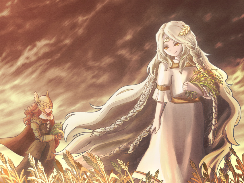 1boy 1girl blonde_hair braid brother_and_sister brown_dress cape covered_eyes dress elden_ring flower fur_collar gold_armor gold_belt gold_diadem helmet helmet_over_eyes highres holding holding_flower holding_grass laurel_crown lily_(flower) long_hair looking_at_viewer malenia_blade_of_miquella miqueliafantasia miquella_(elden_ring) multiple_braids prosthesis prosthetic_arm red_cape red_sky redhead robe siblings sky sunset twins very_long_hair wheat_field white_robe winged_helmet yellow_eyes