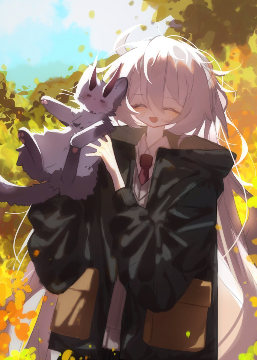 1girl animal animal_ears animal_hands cat cat_ears cat_paws cat_tail closed_eyes coat falling_leaves hair_between_eyes happy highres holding holding_animal holding_cat honkai_(series) honkai_impact_3rd horns implied_yuri jacket k127m413 kiana_kaslana leaf light_blush long_hair necktie open_clothes open_coat open_mouth raiden_mei sky standing tail tree whiskers white_hair