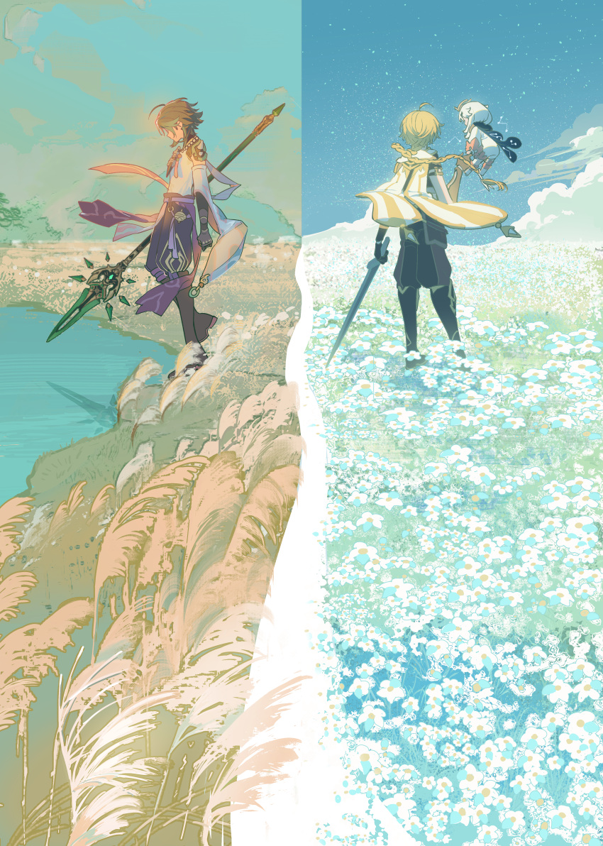 1girl 2boys absurdres aether_(genshin_impact) ahoge annshiro76 bead_necklace beads black_cape black_footwear black_gloves black_hair black_pants blonde_hair blue_sky boots braid braided_ponytail cape clouds day detached_sleeves facing_away field floating_hair flower flower_field flying genshin_impact gloves green_hair halo highres holding holding_polearm holding_sword holding_weapon jewelry long_hair long_sleeves multicolored_hair multiple_boys necklace night night_sky outdoors paimon_(genshin_impact) pants parted_bangs polearm primordial_jade_winged-spear_(genshin_impact) purple_cape shirt short_hair shoulder_spikes sidelocks silvergrass single_braid sky spikes standing star_(sky) starry_sky streaked_hair sword tassel water weapon white_cape white_flower white_hair white_shirt wide_sleeves xiao_(genshin_impact)