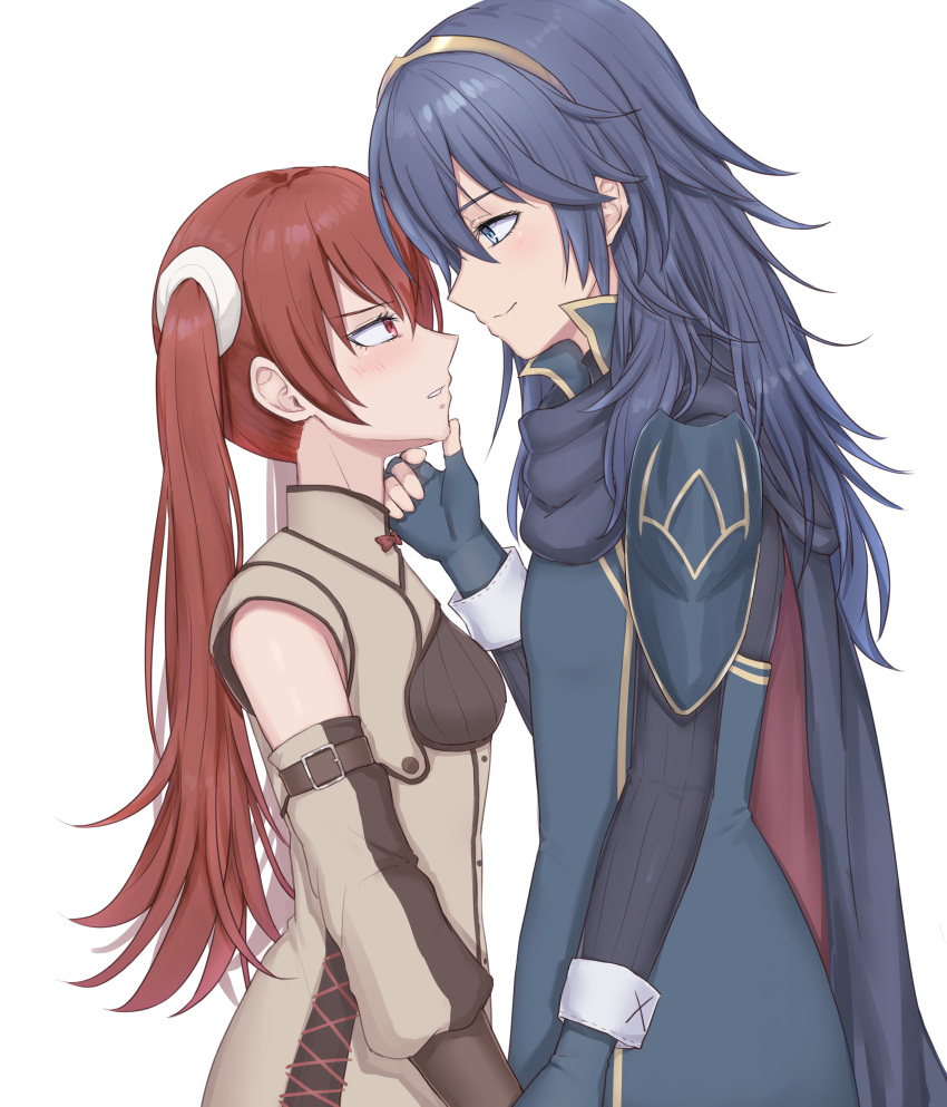 2girls absurdres armor blue_eyes blue_gloves blue_hair blush brown_gloves cape commentary detached_sleeves fingerless_gloves fire_emblem fire_emblem_awakening gloves hand_on_another's_chin haniwa_(8241427) height_difference highres long_hair looking_at_another lucina_(fire_emblem) multiple_girls red_eyes redhead severa_(fire_emblem) shoulder_armor tiara twintails white_background yuri
