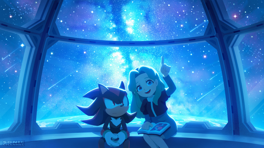 1boy 1girl black_fur blonde_hair blue_eyes book commentary_request furry furry_male gloves looking_up maria_robotnik own_hands_together pointing qixi_festival shadow_the_hedgehog shooting_star smile sonic_(series) sonic_adventure_2 space space_colony_ark space_habitat star_(sky) tanabata uno_yuuji white_fur white_gloves