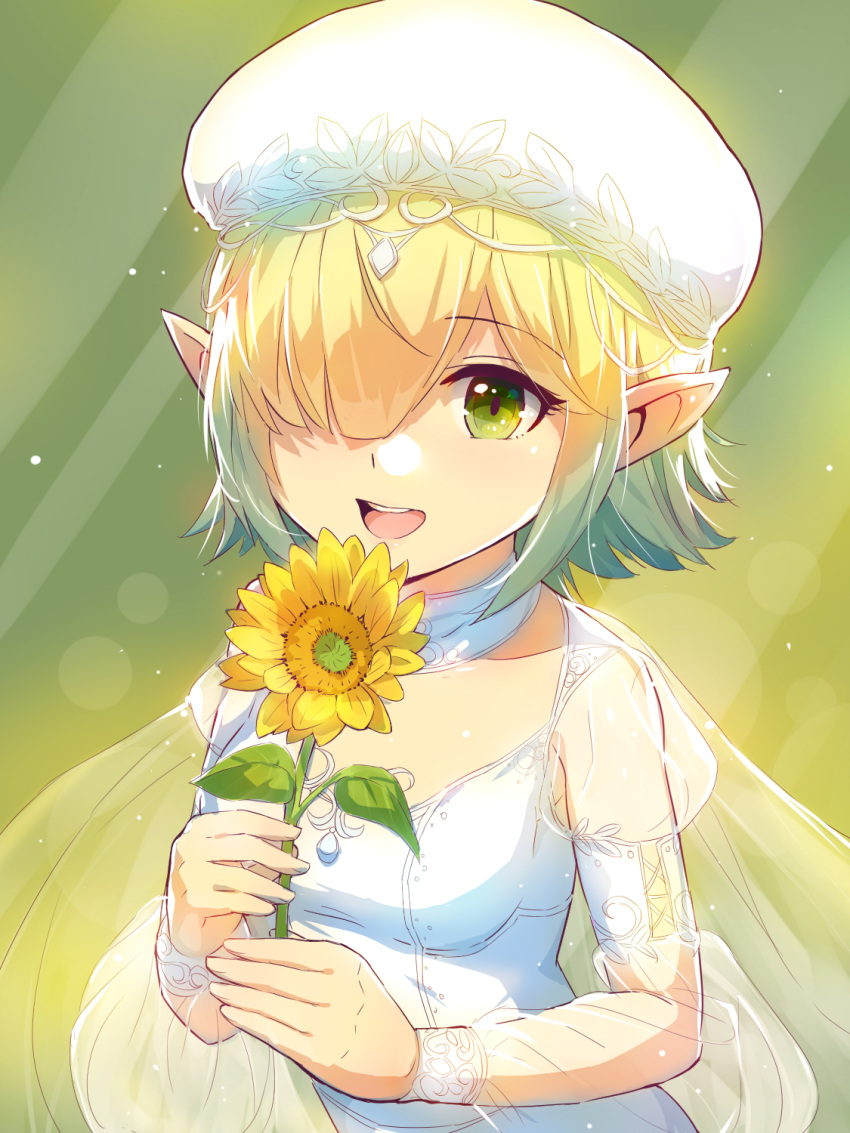 1girl :d aoi_(princess_connect!) blonde_hair breasts choker collarbone dress elf flower gradient_hair green_background green_eyes green_hair hair_over_one_eye hat highres holding holding_flower long_sleeves multicolored_hair open_mouth pointy_ears princess_connect! see-through see-through_sleeves short_hair small_breasts smile solo sunflower upper_body white_choker white_dress white_headwear yako_noir_(kei-ne) yellow_flower