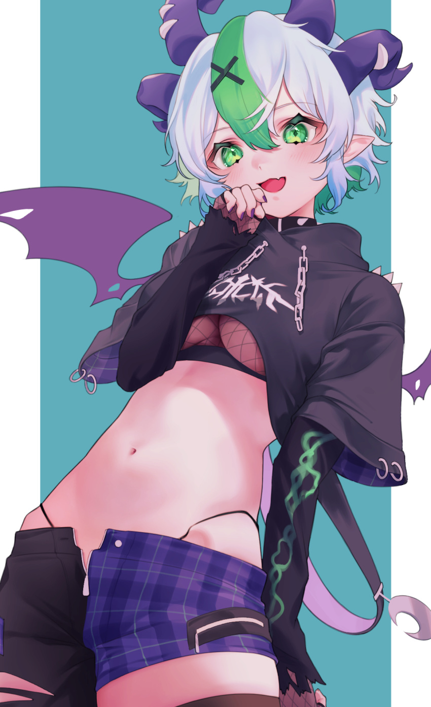 1girl amane_0e0 belt black_collar black_hoodie black_shirt black_thighhighs blush bsapricot_(vtuber) bsapricot_(vtuber)_(8th_costume) chain collar colored_inner_hair cowboy_shot crescent cropped_hoodie cropped_shirt demon_wings fang fishnet_top fishnets g-string green_eyes green_hair hair_between_eyes hair_ornament highres hip_bones hood hoodie horns long_sleeves looking_at_viewer midriff multicolored_hair multiple_horns navel official_alternate_costume official_alternate_hairstyle open_mouth pants partially_unzipped pointy_ears purple_horns purple_nails purple_wings shirt short_hair simple_background single_thighhigh skin_fang solo spiked_collar spikes standing streaked_hair thigh-highs thong torn_clothes torn_pants virtual_youtuber vshojo white_hair wings x_hair_ornament