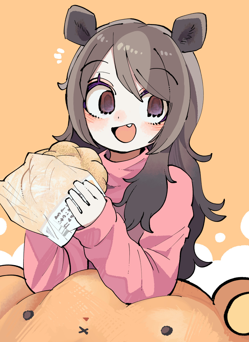 1girl absurdres animal_ears bear_ears bear_girl bergman's_bear_(kemono_friends) bread eating extra_ears food grey_eyes grey_hair highres kanmoku-san kemono_friends long_hair looking_at_viewer melon_bread open_mouth pink_sweater simple_background solo stuffed_toy sweater yellow_background