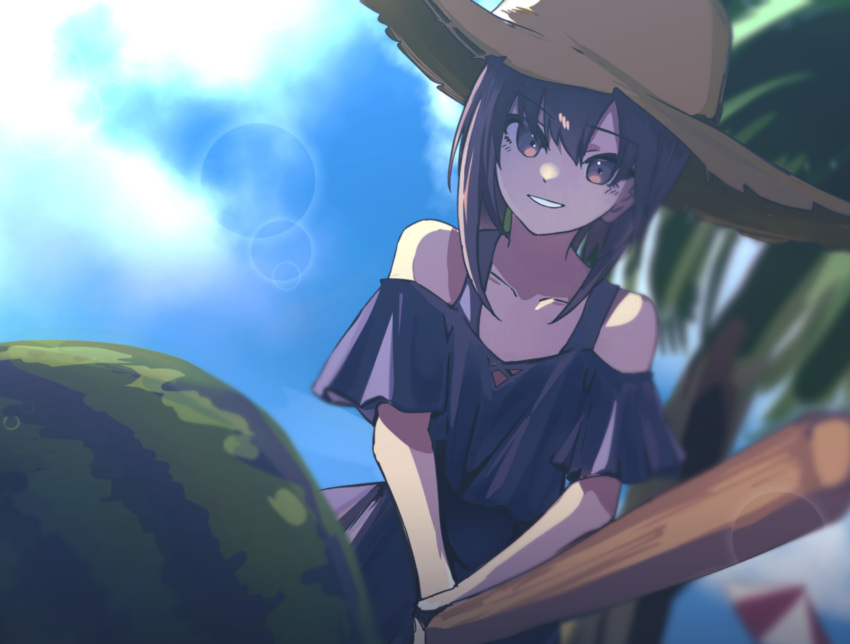 1girl absurdres alternate_costume black_dress blurry blurry_background brown_eyes brown_hair brown_headwear clouds day dress food fruit hat hato_kan highres holding kantai_collection outdoors short_hair sky solo suikawari taihou_(kancolle) tree watermelon